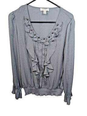 Dressbarn Gray Tunic Blouse M Medium Ruffle Sheer Ruched Waist Rivets Boho Shirt